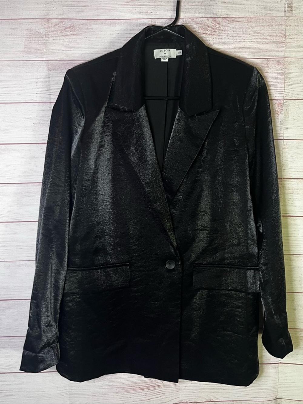 Le Soir par Molly & Bracken Black‎ Shimmering Shiny One Button Blazer Jacket  XS